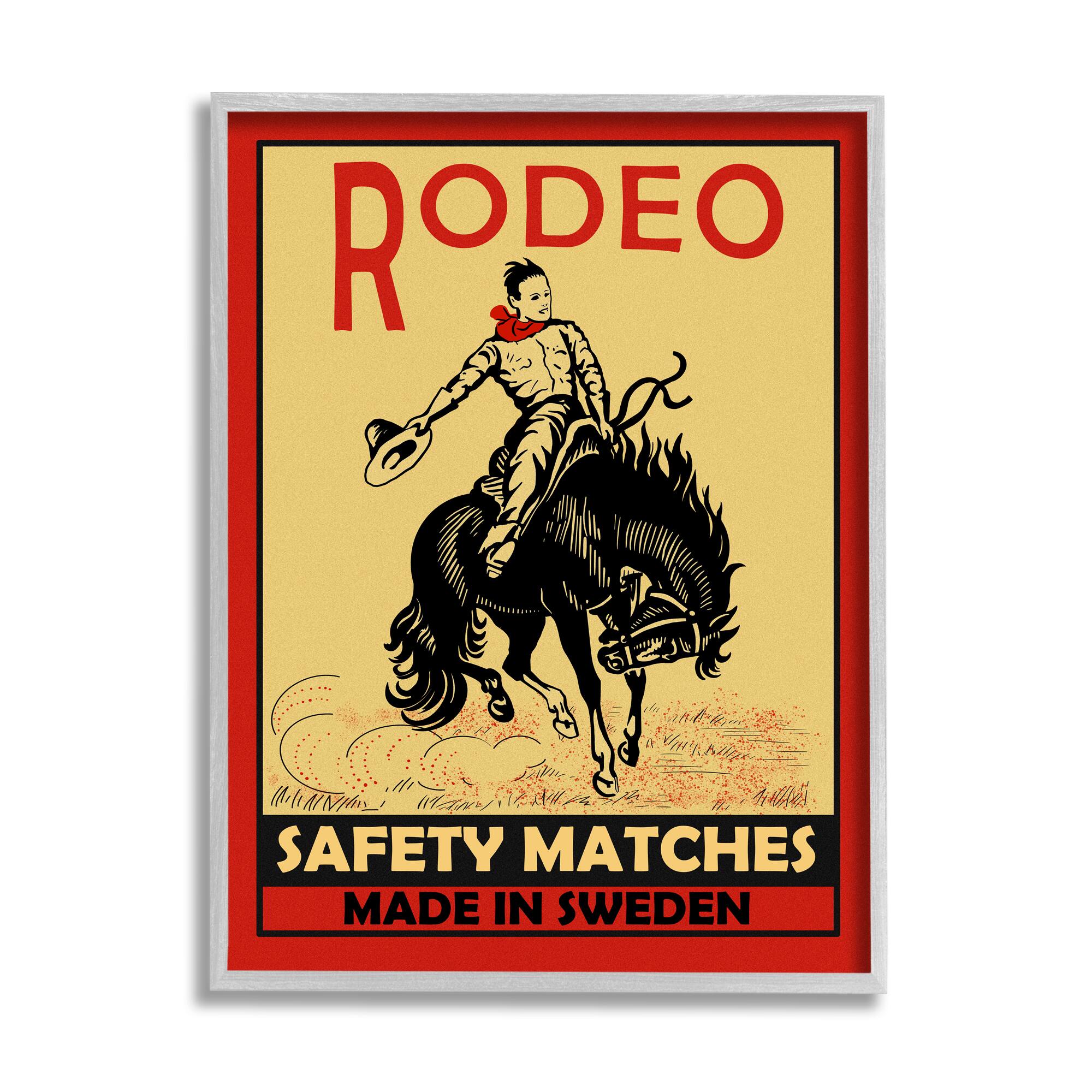 Stupell Industries Rodeo Safety Matches Cowboy Bucking Bronco Red Yellow in Gray Frame Wall Art
